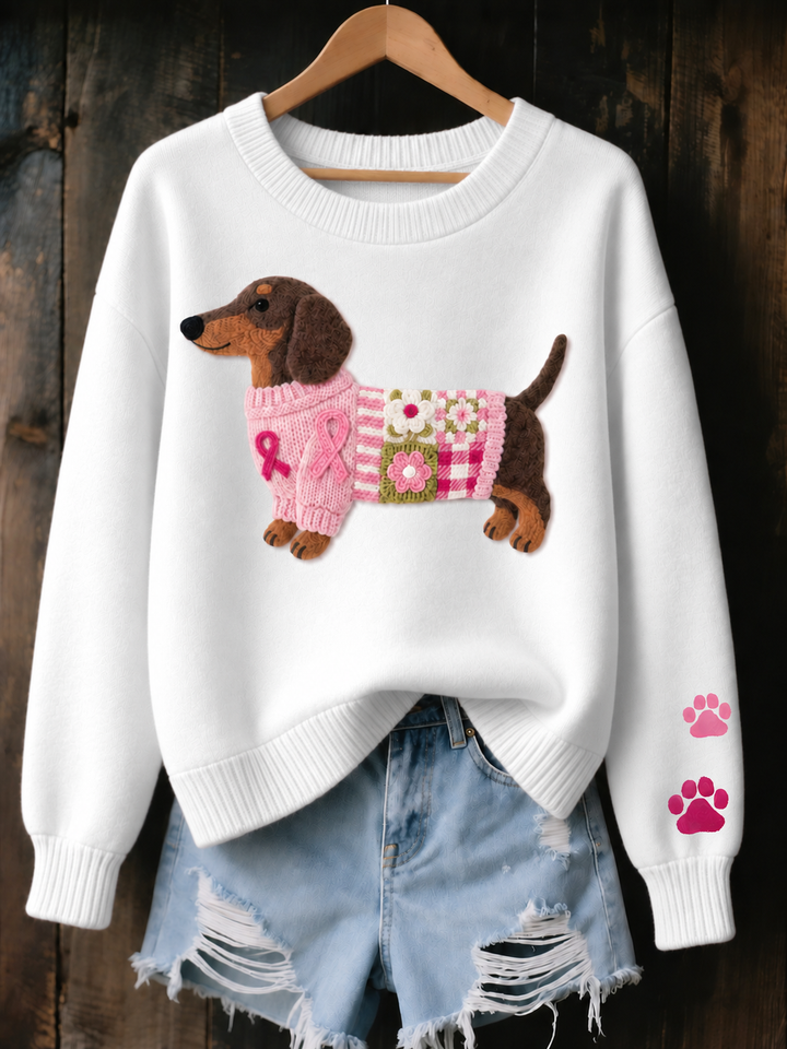Bennett and Lowe Myron women's long-sleeve knit sweater featuring a dachshund motif, soft fabric, and cozy fit.