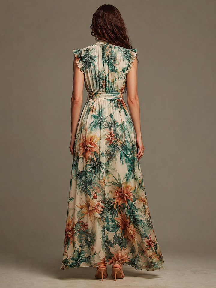 Grace Painted Tropical Chiffon dress by Bennett and Lowe, featuring vibrant tropical floral print and flowing chiffon fabric.