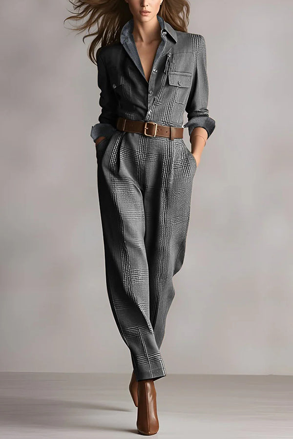 Aubrette | Plaid Belted Button-Front Tailored Jumpsuit for Women