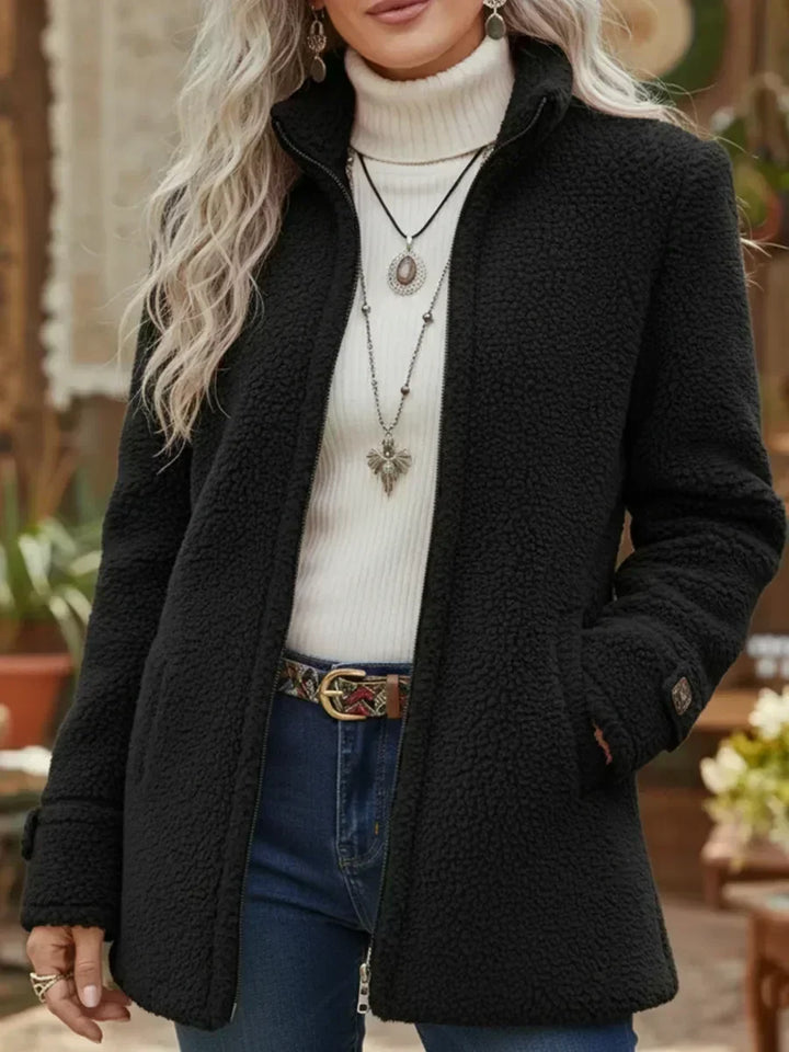 Judith Bennett and Lowe women's cozy stand-collar full-zip jacket, soft fabric, and stylish design for warmth and comfort.