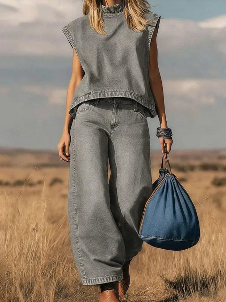 Yvonne Bennett and Lowe loose wide-leg pants suit set featuring a stylish, flowing design with a matching top and pants.