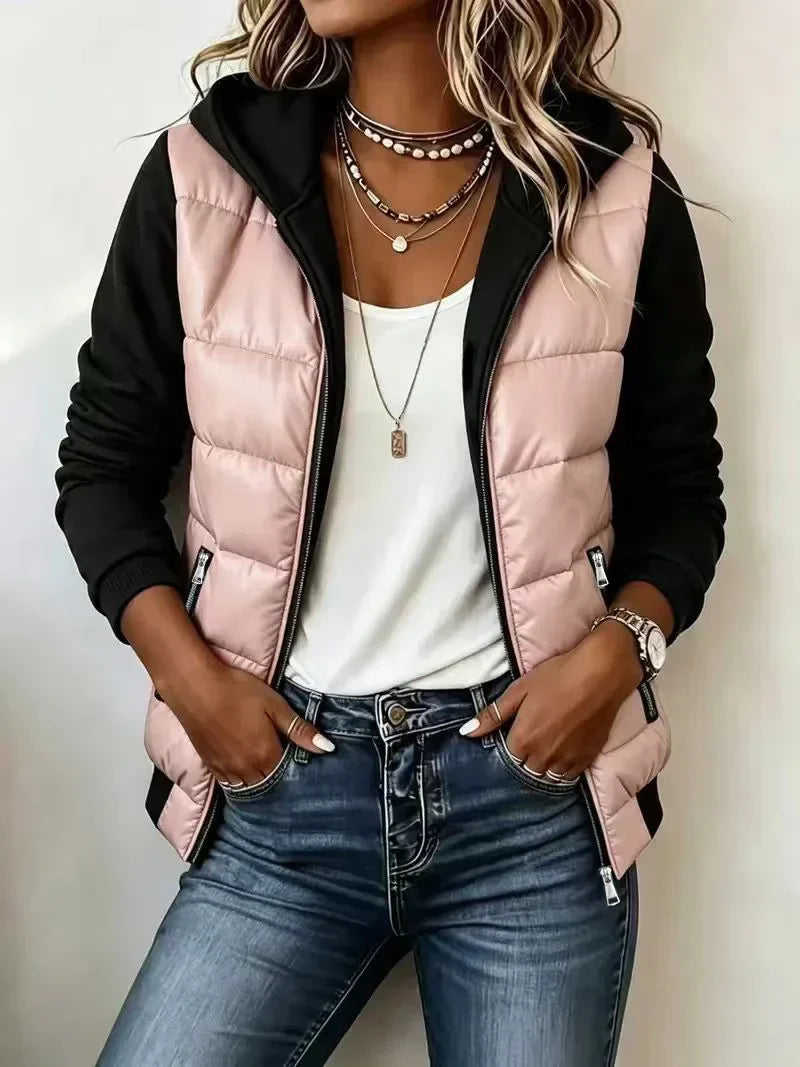 Bennett and Lowe Kinsley hooded color-block puffer jacket with quilted design and front zipper