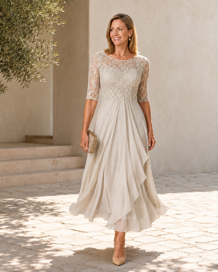 Elegant rose-colored lace midi dress by My Store 2 featuring flattering fit and intricate lace details.