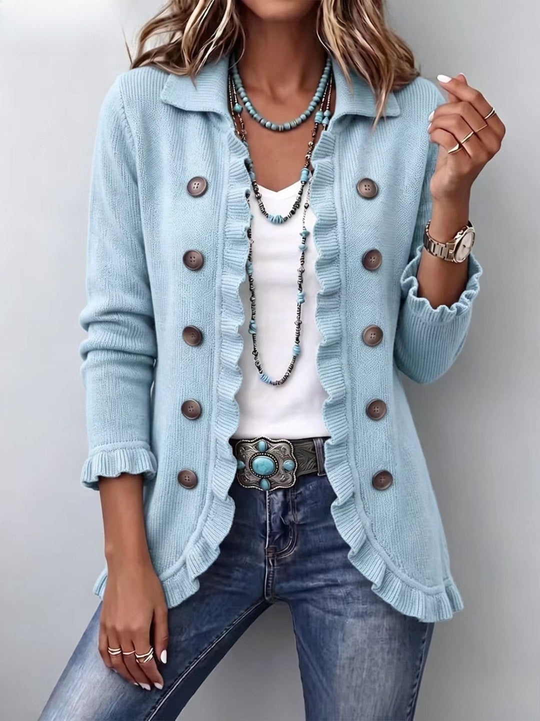 Ribbed knit ruffle jacket for women by Bennett and Lowe, featuring textured fabric and stylish ruffle detailing.