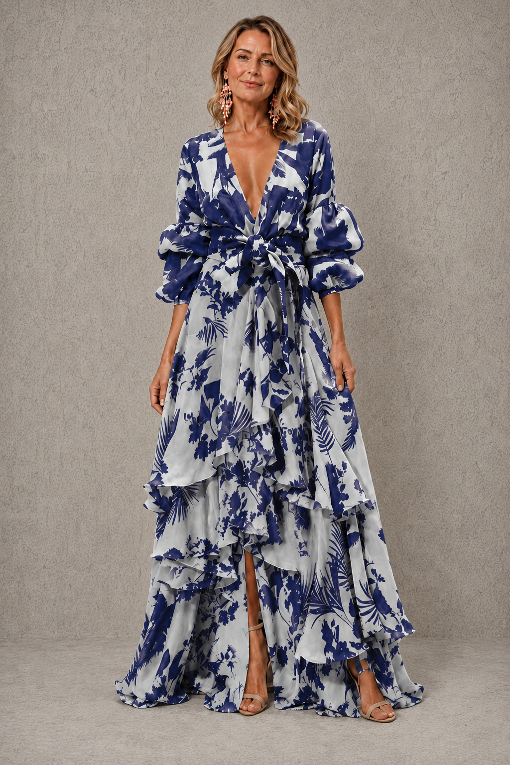 Victoria Bennett and Lowe tiered bow belt attached to a dress, featuring layered fabric and decorative bows for a stylish look.