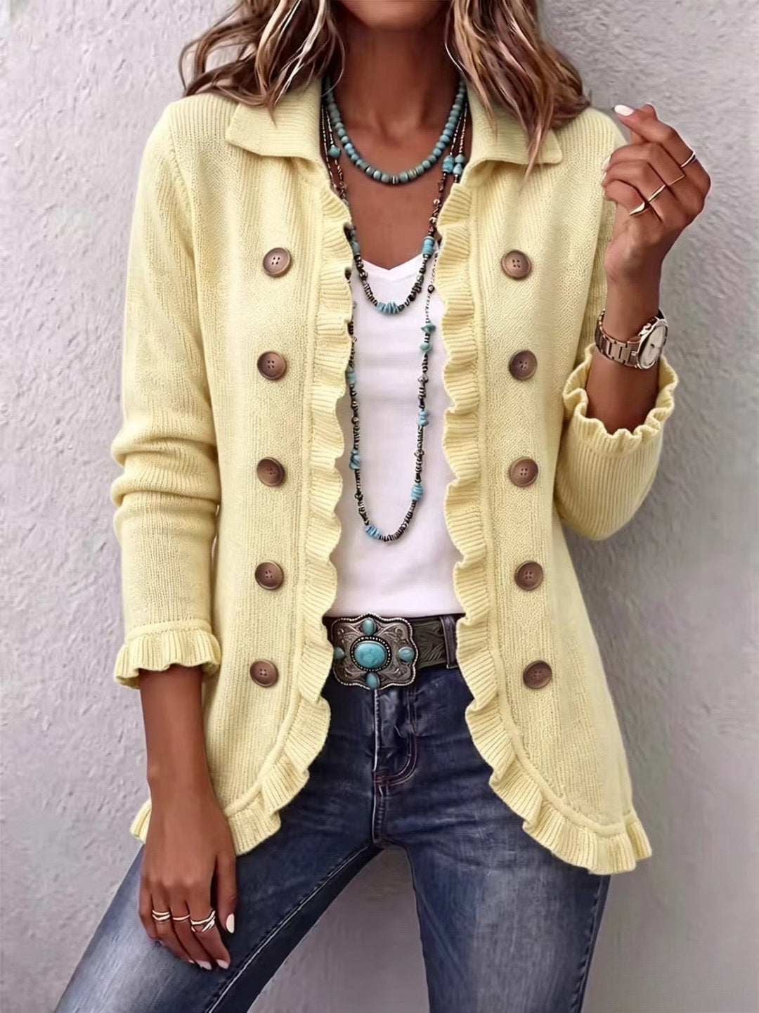 Lillian ribbed knit ruffle jacket for women by Bennett and Lowe, shown in soft fabric with ruffle details and fitted silhouette.
