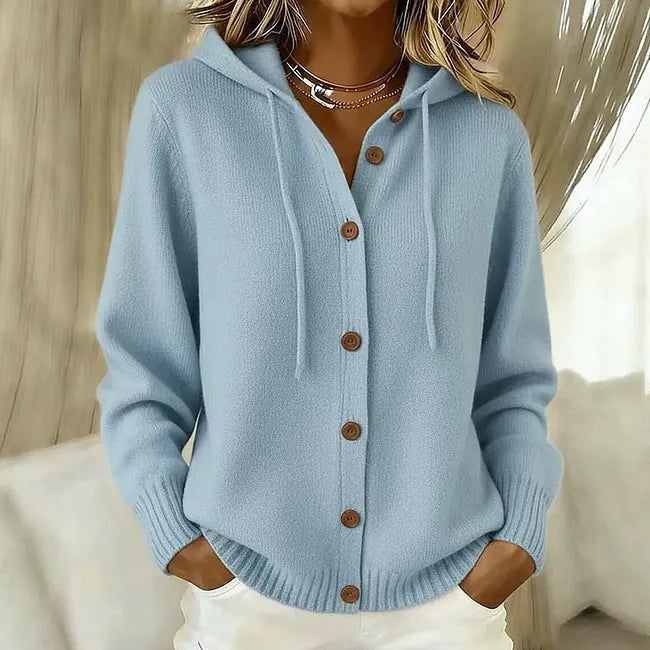 Goldie hooded long-sleeve knit cardigan by Bennett and Lowe, featuring button-front design and cozy gold-colored fabric.