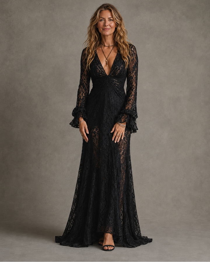 Charlotte plunging V-neck maxi dress by Bennett and Lowe, elegant long dress with flowing fabric and deep V neckline.