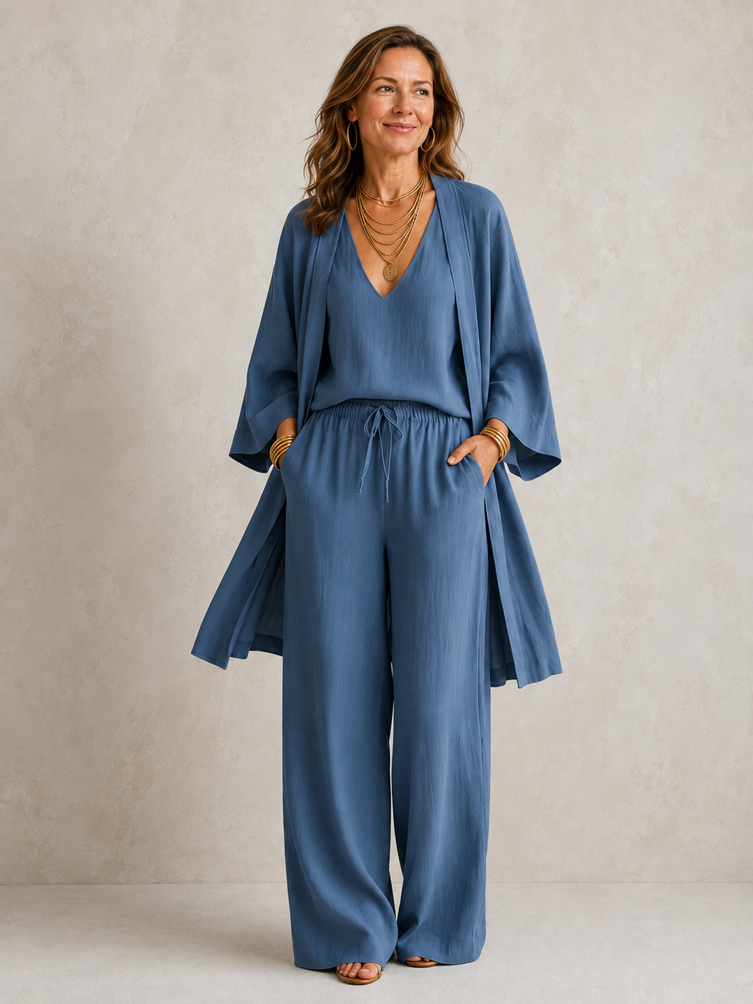 Elena Bennett and Lowe 3-piece linen look set, including top and two matching pieces, displayed on a flat surface.
