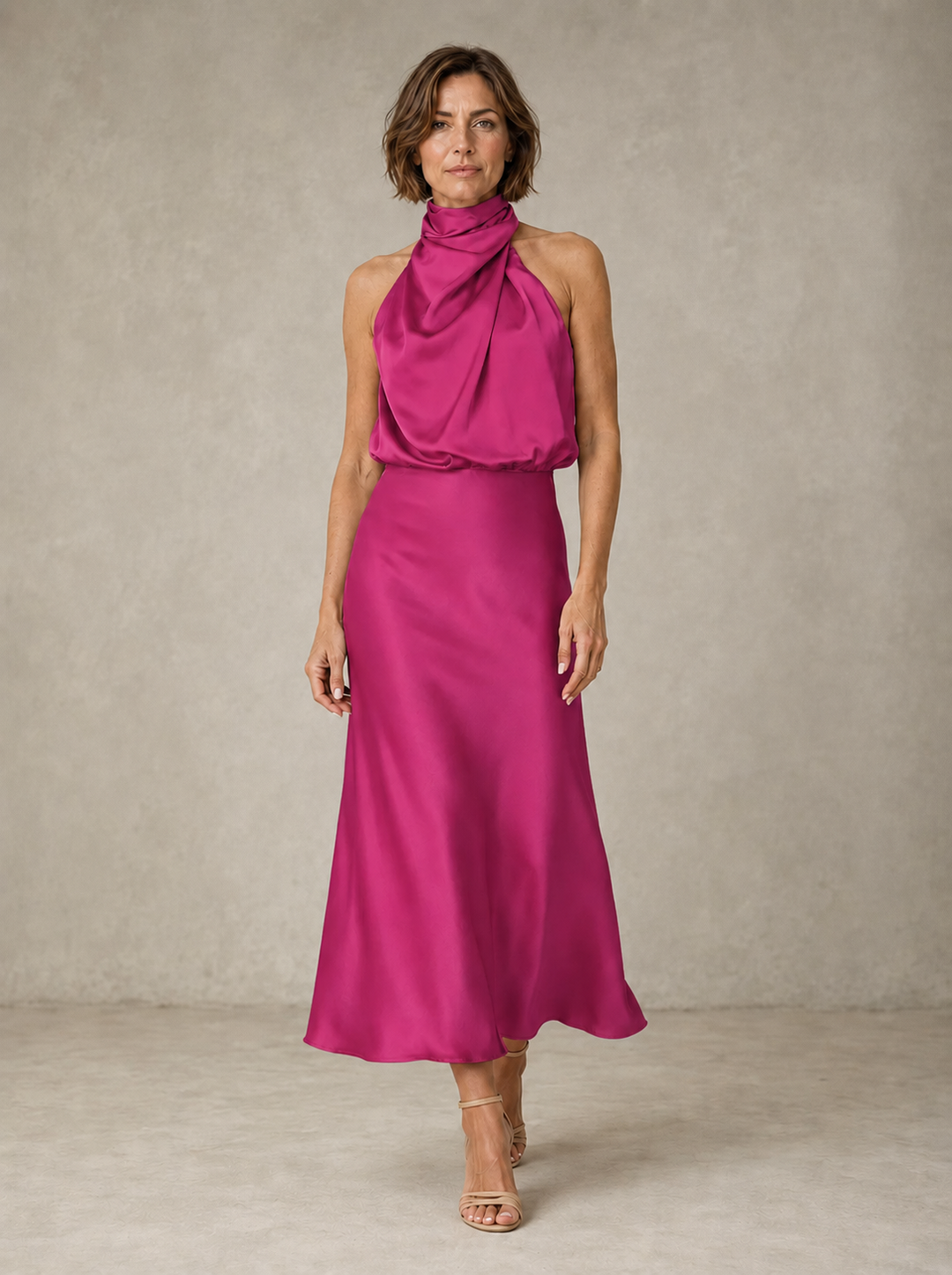 Violet & Grace Harper halter satin evening dress with elegant design, displayed on a mannequin.