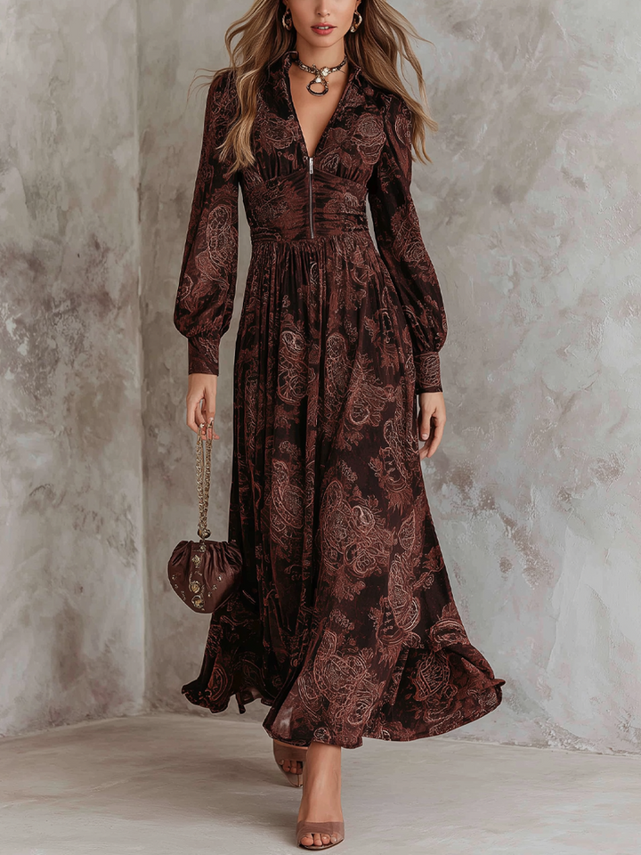 Eloise | Paisley Zip-Waist Long-Sleeve Maxi Dress for Women