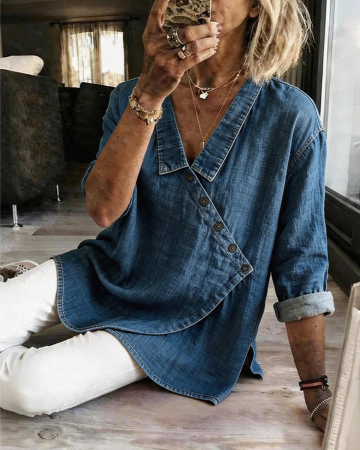 Bennett and Lowe Elodie diagonal-button collared blouse for women, featuring a stylish design and classic collar detail.