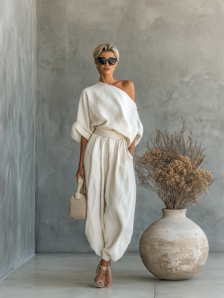 Selene relaxed draped two-piece women's set by Bennett and Lowe, featuring flowing fabric and stylish design.