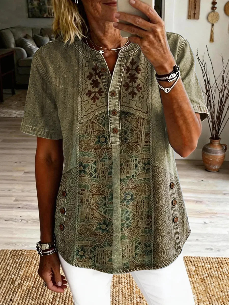 Odalie | Patchwork Print Henley Top