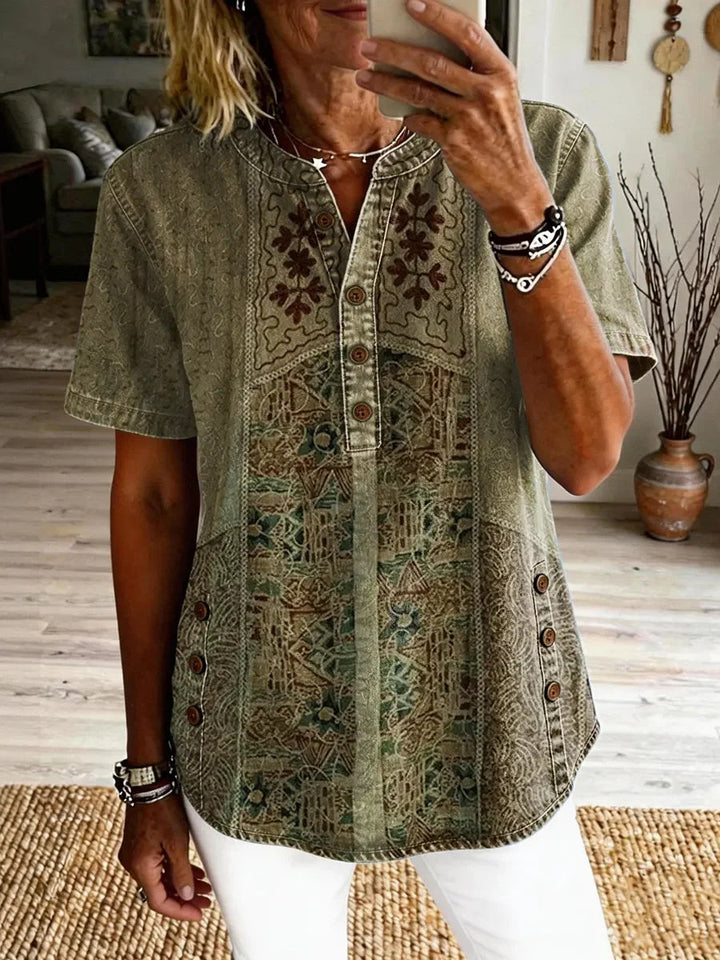 Odalie | Patchwork Print Henley Top