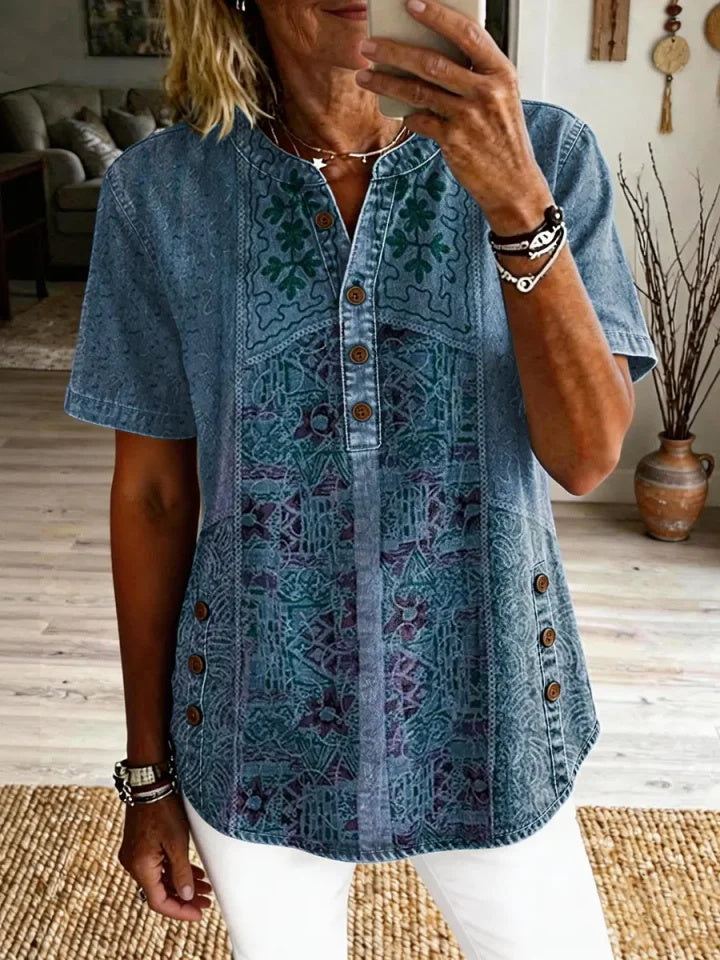Odalie | Patchwork Print Henley Top