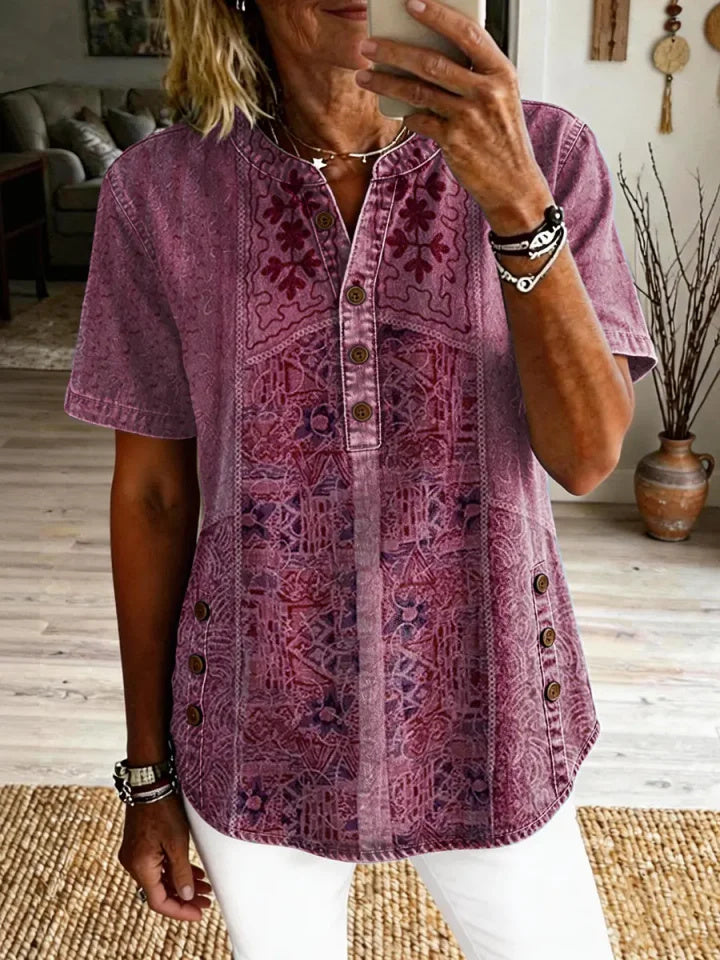 Odalie | Patchwork Print Henley Top