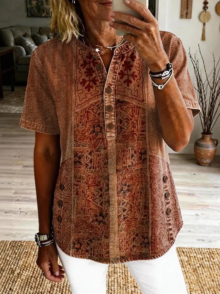 Odalie | Patchwork Print Henley Top