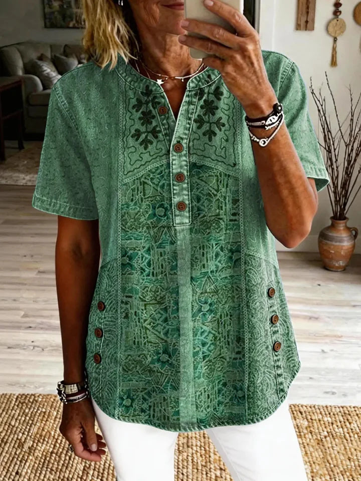 Odalie | Patchwork Print Henley Top