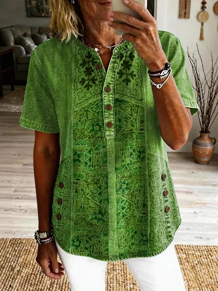 Odalie | Patchwork Print Henley Top