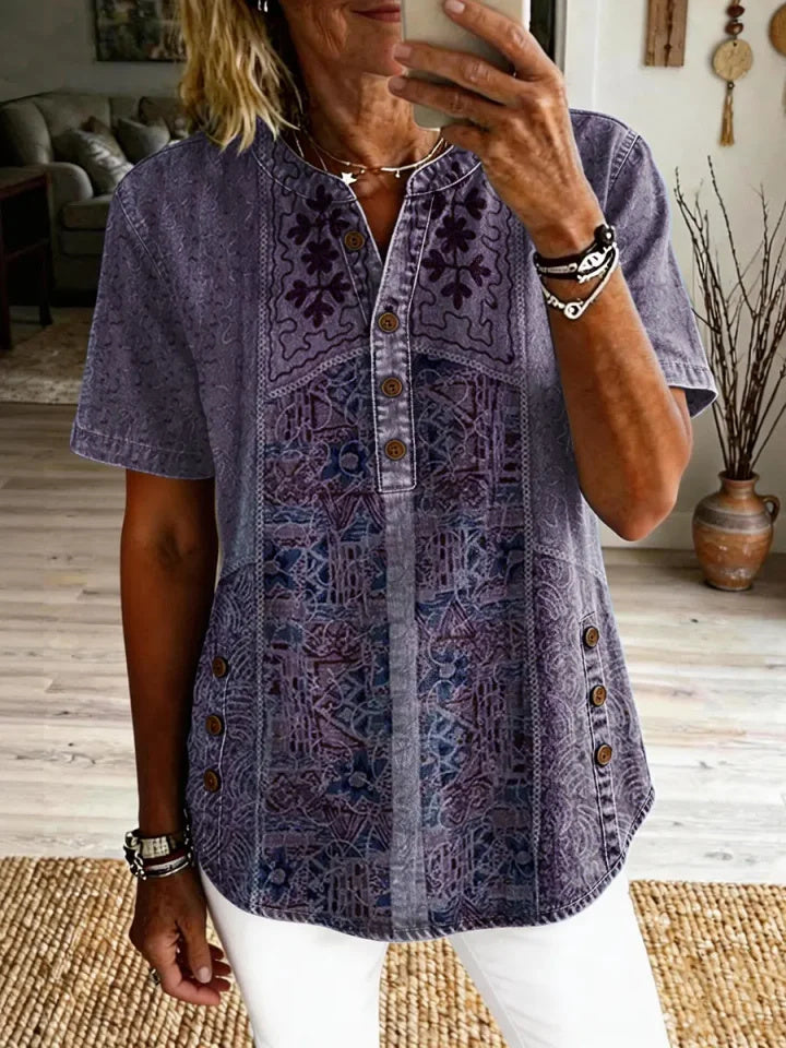 Odalie | Patchwork Print Henley Top