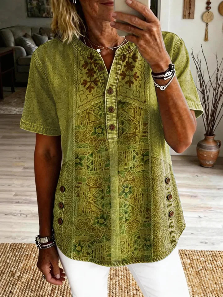 Odalie | Patchwork Print Henley Top