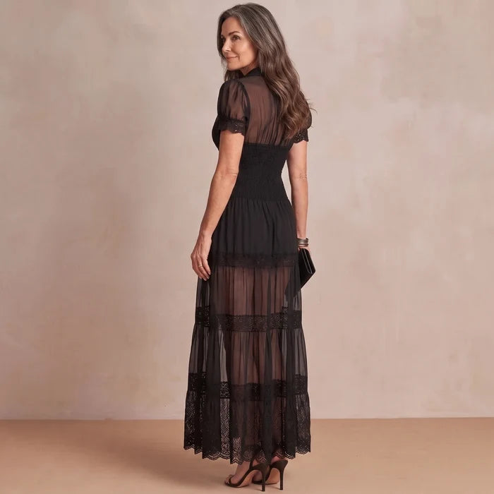 Sophia Bennett and Lowe sheer lace maxi dress shown from different angles, featuring intricate lace details and elegant flowing fabric.