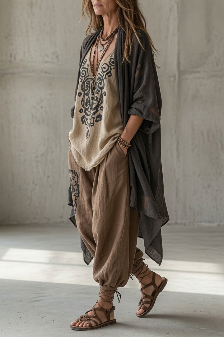 Joyce Bennett and Lowe three-piece draped set featuring stylish fabric and layered design, displayed on a model.