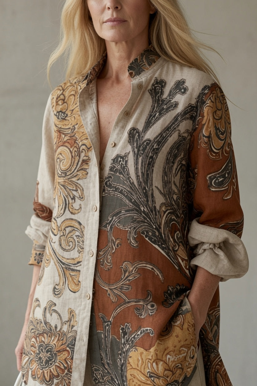Vintage bohemian two-piece set for women, Tara by Bennett and Lowe, featuring a flowy top and matching skirt in earthy tones.