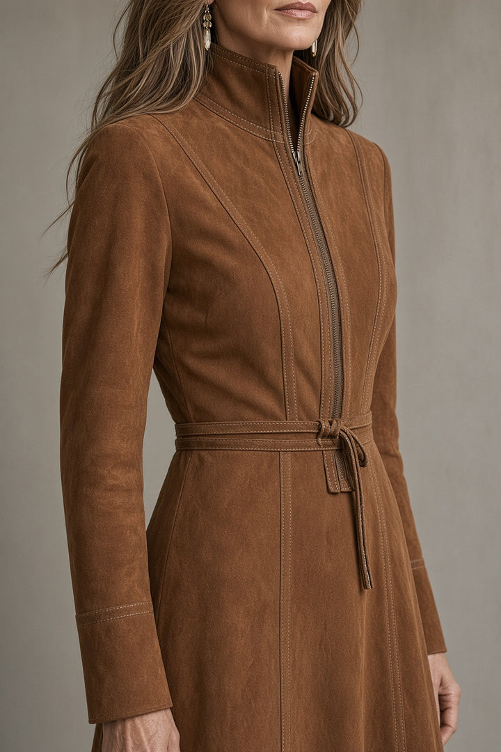Bennett and Lowe Daisy belted zip-front midi dress, flowy fabric, front zipper, and waist belt, perfect for casual or semi-formal wear.