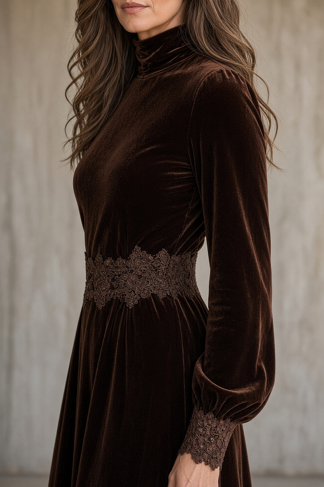 Bennett and Lowe Beverly lace-trimmed maxi dress, flowing fabric with delicate lace details, full-length view on model.
