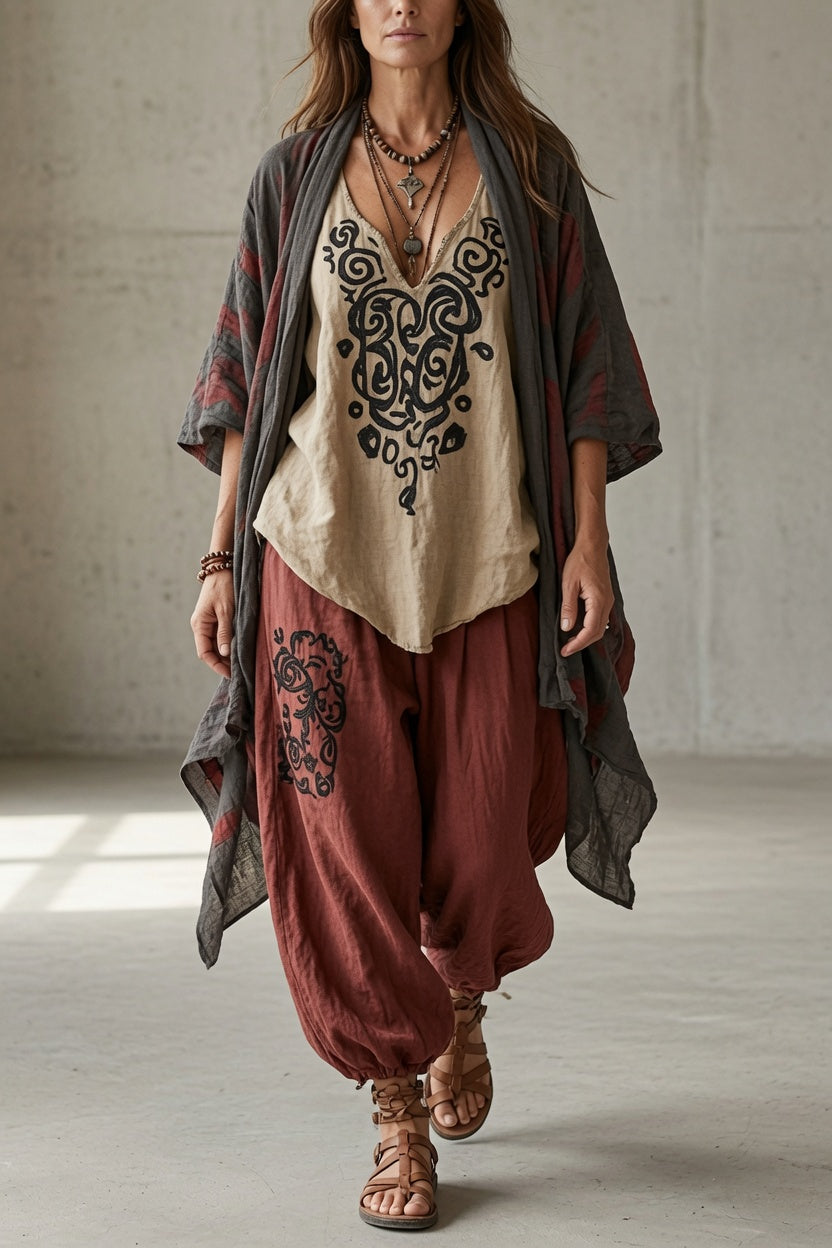 Joyce three-piece draped set by Bennett and Lowe, featuring stylish matching tops and bottoms on a model with neutral background.