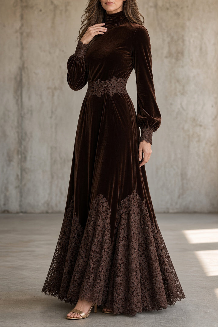 Beverly lace-trimmed maxi dress by Bennett and Lowe, featuring flowing fabric and delicate lace details on the hem.