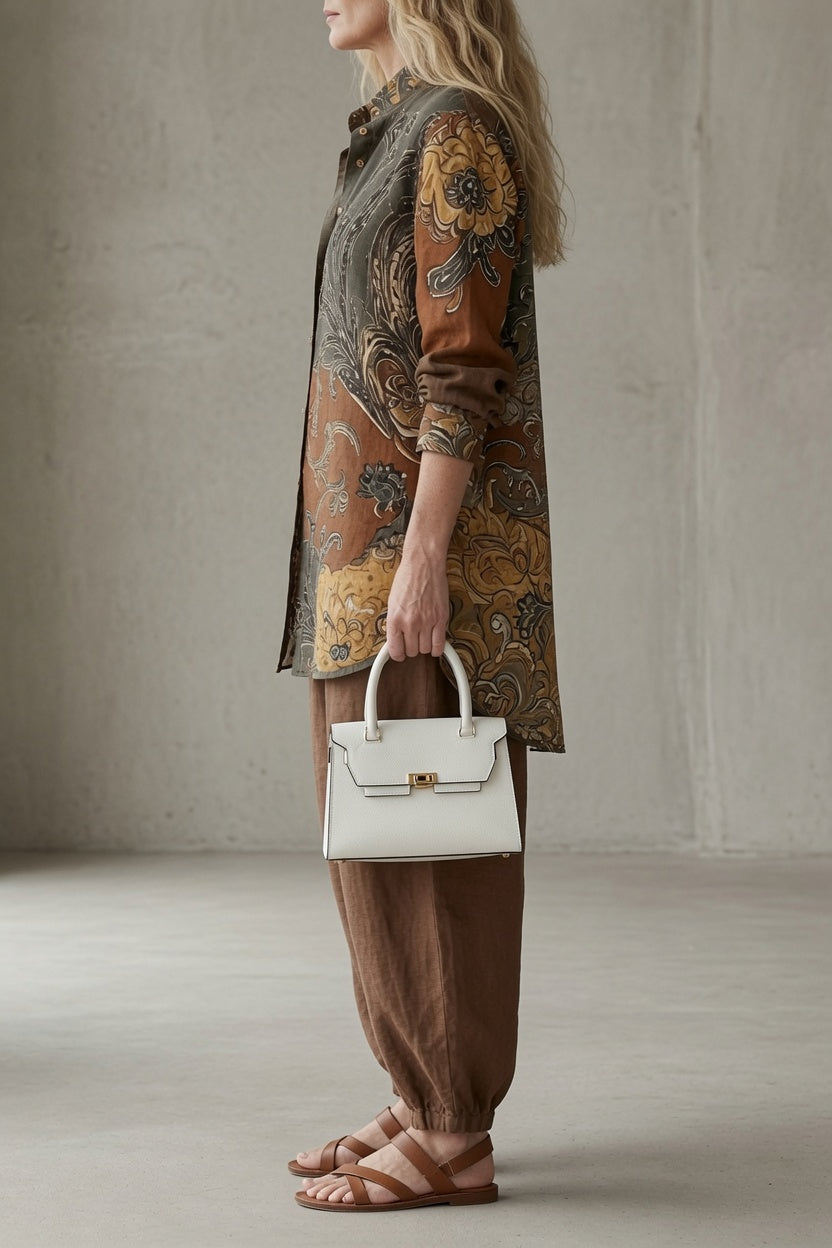 Vintage bohemian Tara two-piece set for women by Bennett and Lowe, featuring a flowy top and matching skirt with intricate patterns.