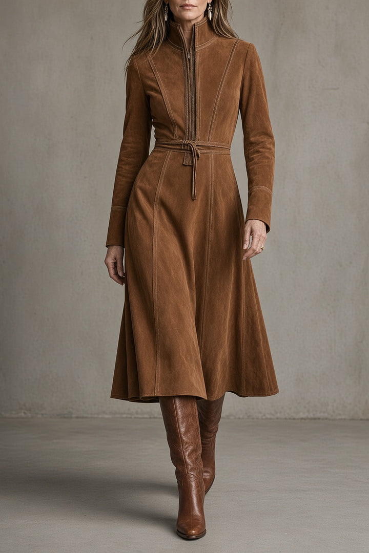 Bennett and Lowe Daisy belted zip-front midi dress in floral fabric, featuring a fitted waist and stylish front zipper.