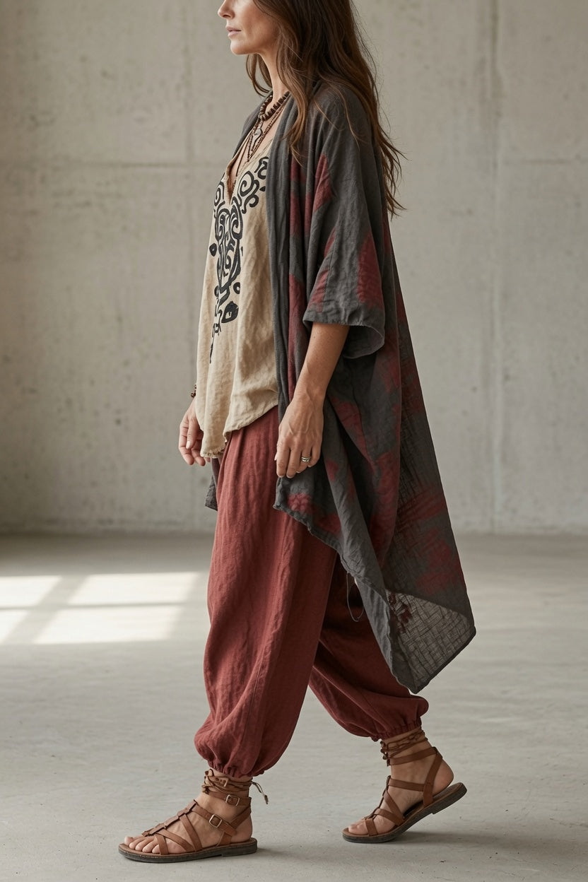 Joyce Bennett and Lowe draped three-piece set featuring layered fabric, elegant design, and coordinated pieces in neutral tones.