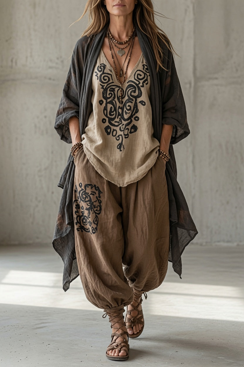 Joyce Bennett and Lowe draped three-piece set displayed on a model, featuring layered fabric and elegant styling.