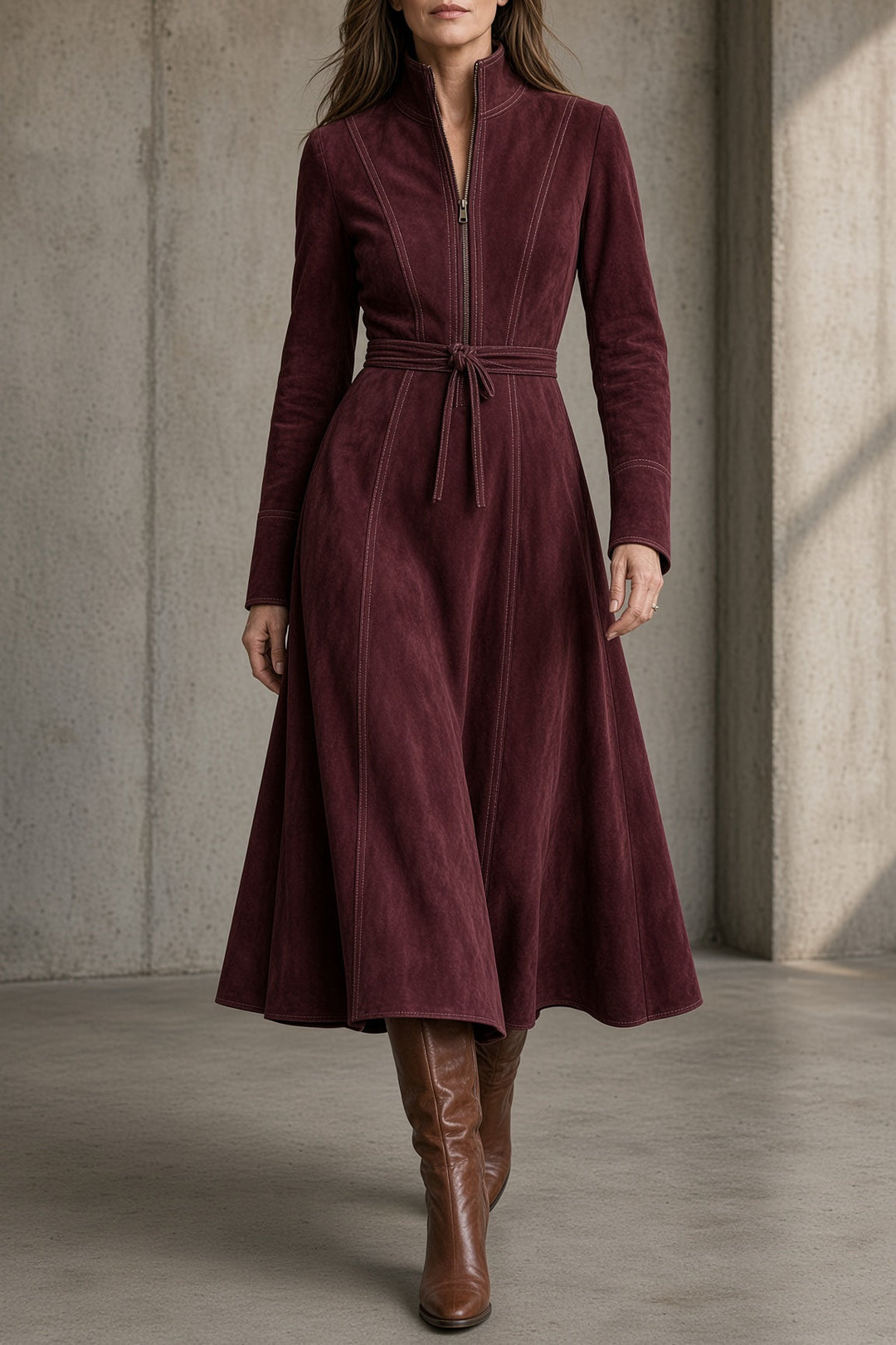 Daisy Bennett and Lowe belted zip-front midi dress with a fitted waist and stylish front zipper, displayed on a mannequin.