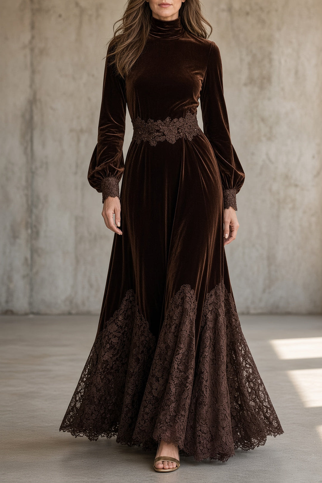 Bennett and Lowe Beverly lace-trimmed maxi dress with flowing fabric and delicate lace details, full-length view.