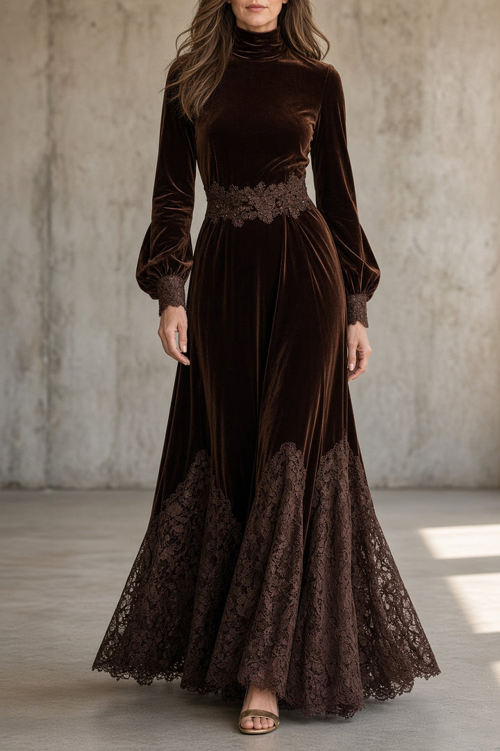 Bennett and Lowe Beverly lace-trimmed maxi dress featuring flowing fabric and delicate lace details, shown on a model.