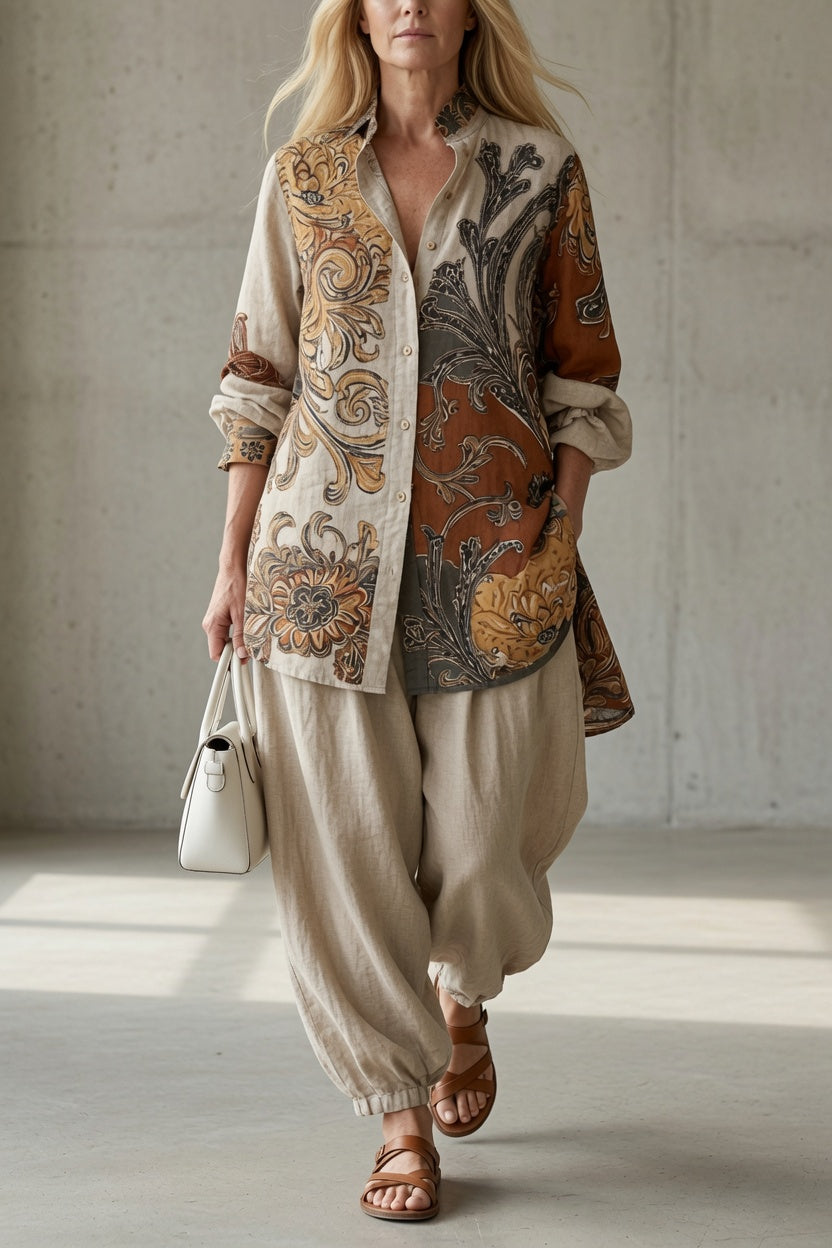 Vintage bohemian two-piece set for women by Bennett and Lowe, featuring a flowy top and matching skirt with intricate patterns.