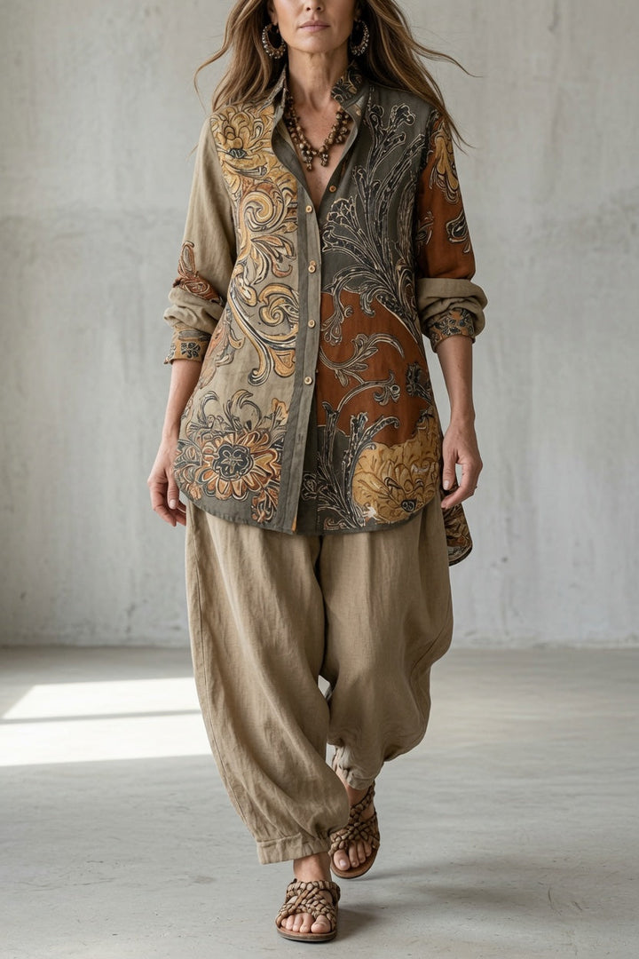 Vintage bohemian two-piece set for women by Bennett and Lowe, featuring a flowy top and matching skirt in earthy tones.