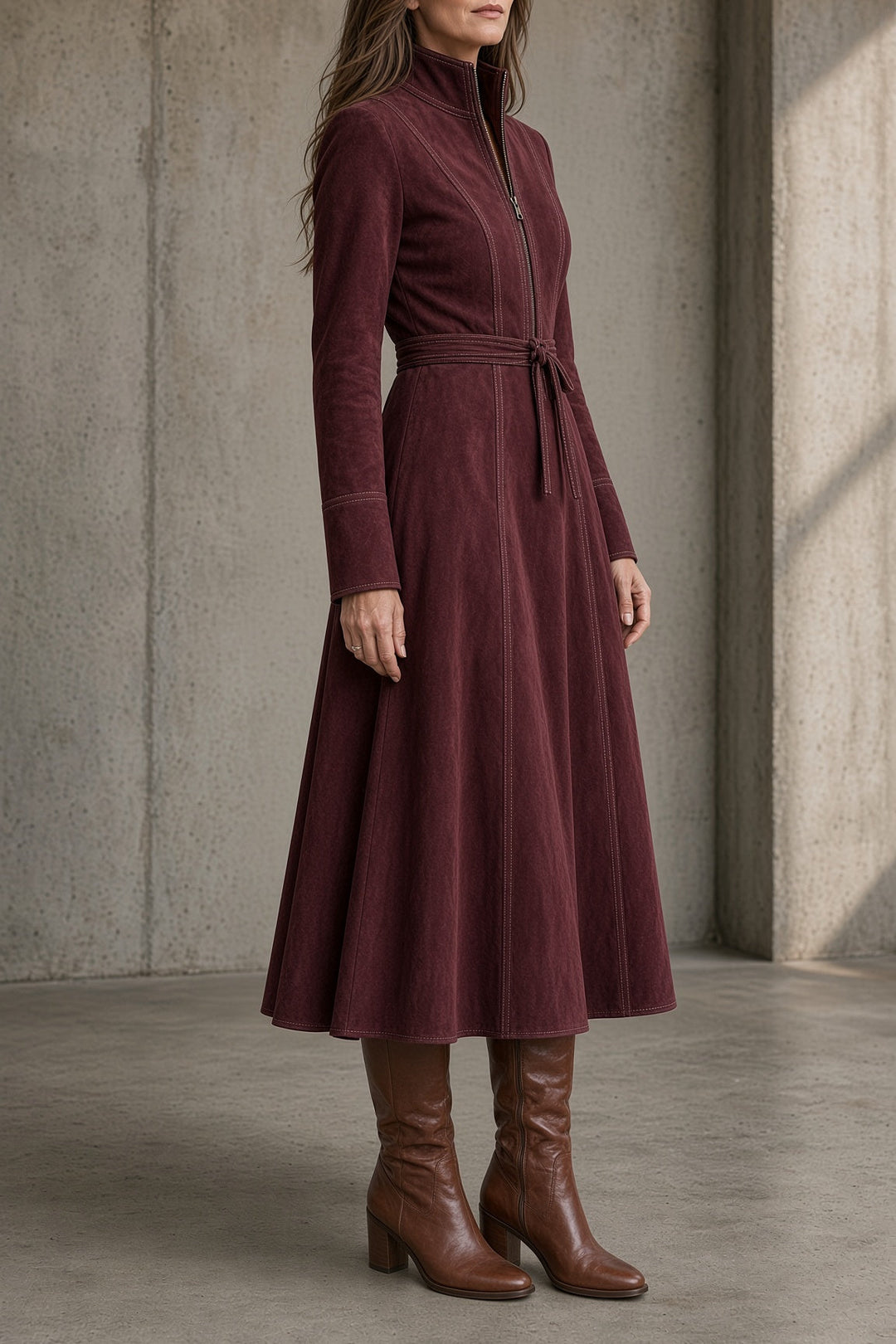 Daisy Bennett and Lowe belted zip-front midi dress with floral pattern, fitted waist, and long sleeves.