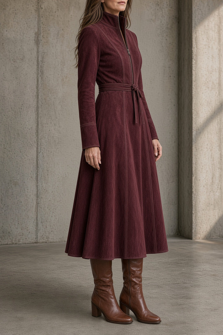 Daisy Bennett and Lowe belted zip-front midi dress with floral pattern, fitted waist, and long sleeves.