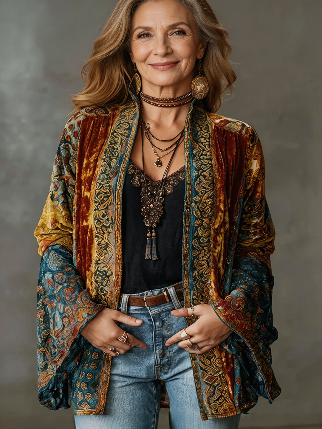 Bohemian print open-front kimono jacket for women by Bennett and Lowe, featuring colorful, flowing fabric and relaxed fit.