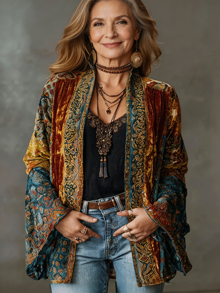 Bohemian print open-front kimono jacket for women by Bennett and Lowe, featuring colorful, flowing fabric and relaxed fit.