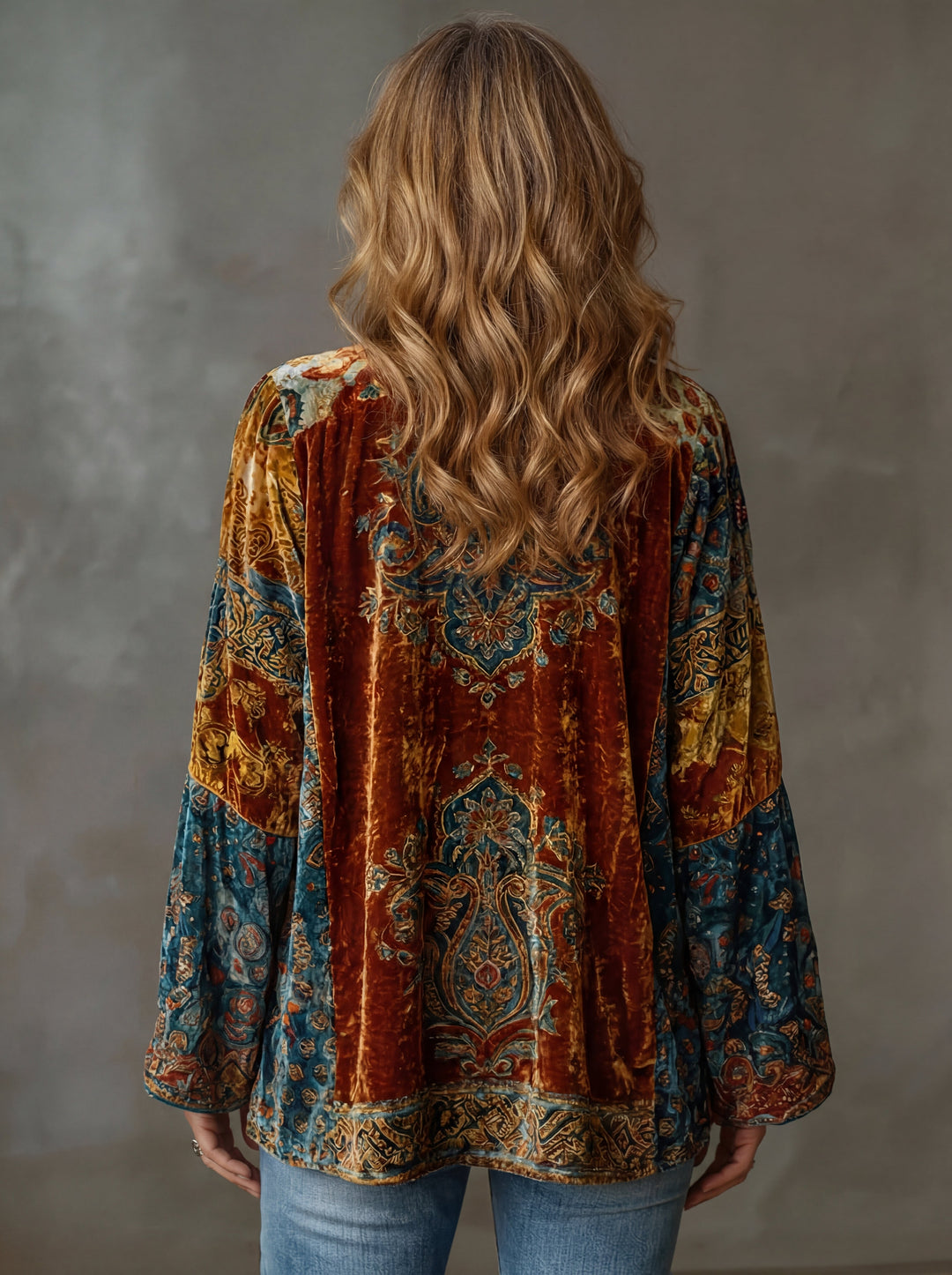 Bohemian print open-front kimono jacket for women by Bennett and Lowe, featuring vibrant patterns and flowing fabric.