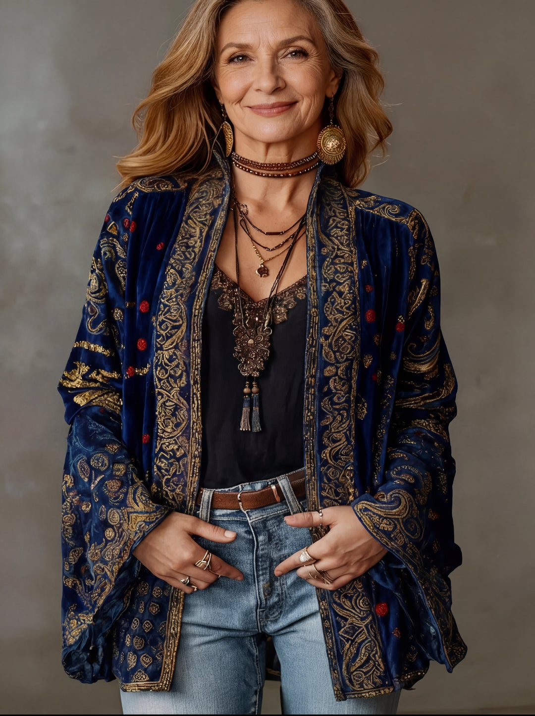 Bohemian print open-front kimono jacket for women by Bennett and Lowe, featuring vibrant patterns and flowing fabric.