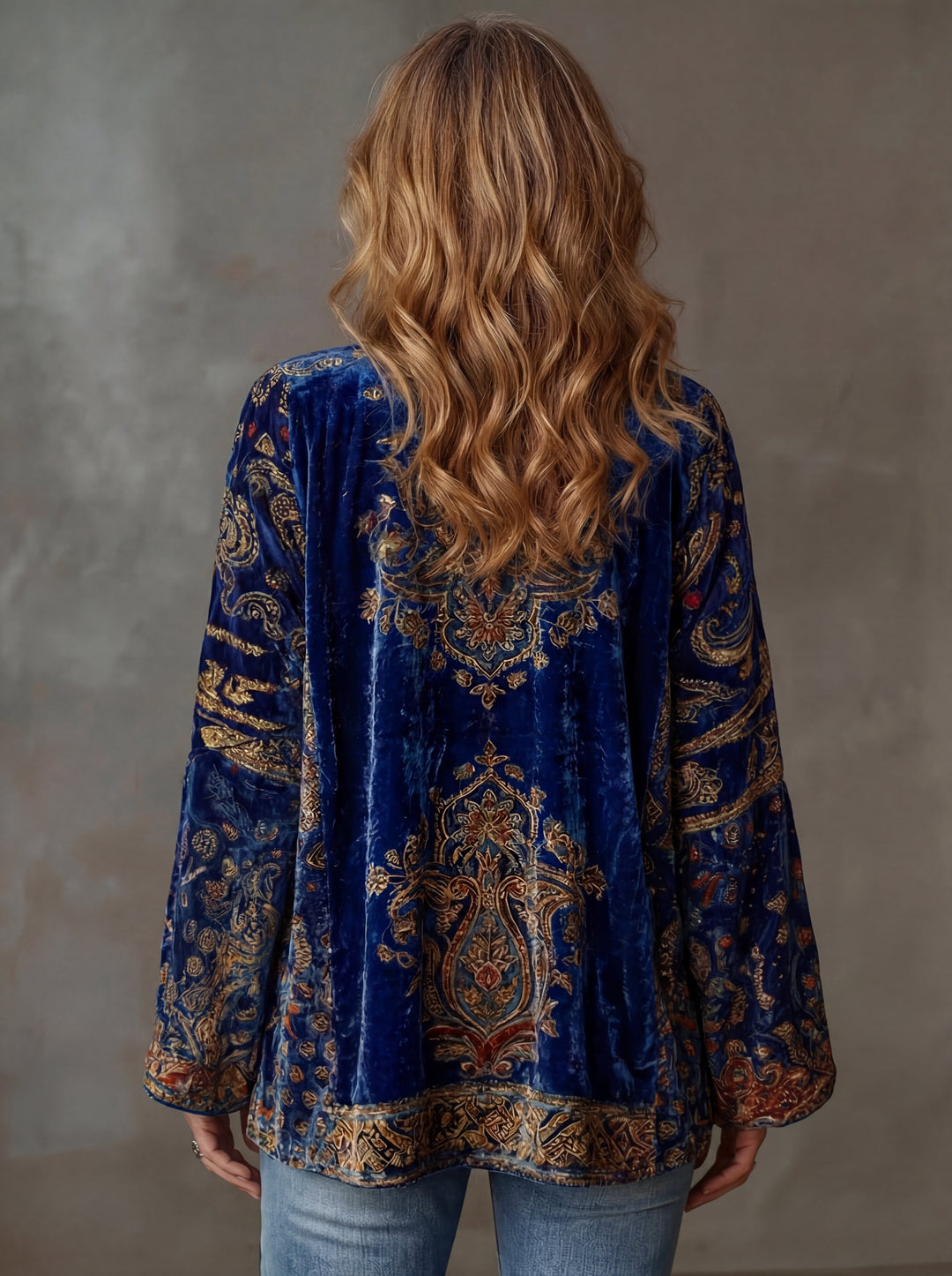 Bohemian print open-front kimono jacket for women by Bennett and Lowe, featuring flowing fabric and vibrant boho patterns.