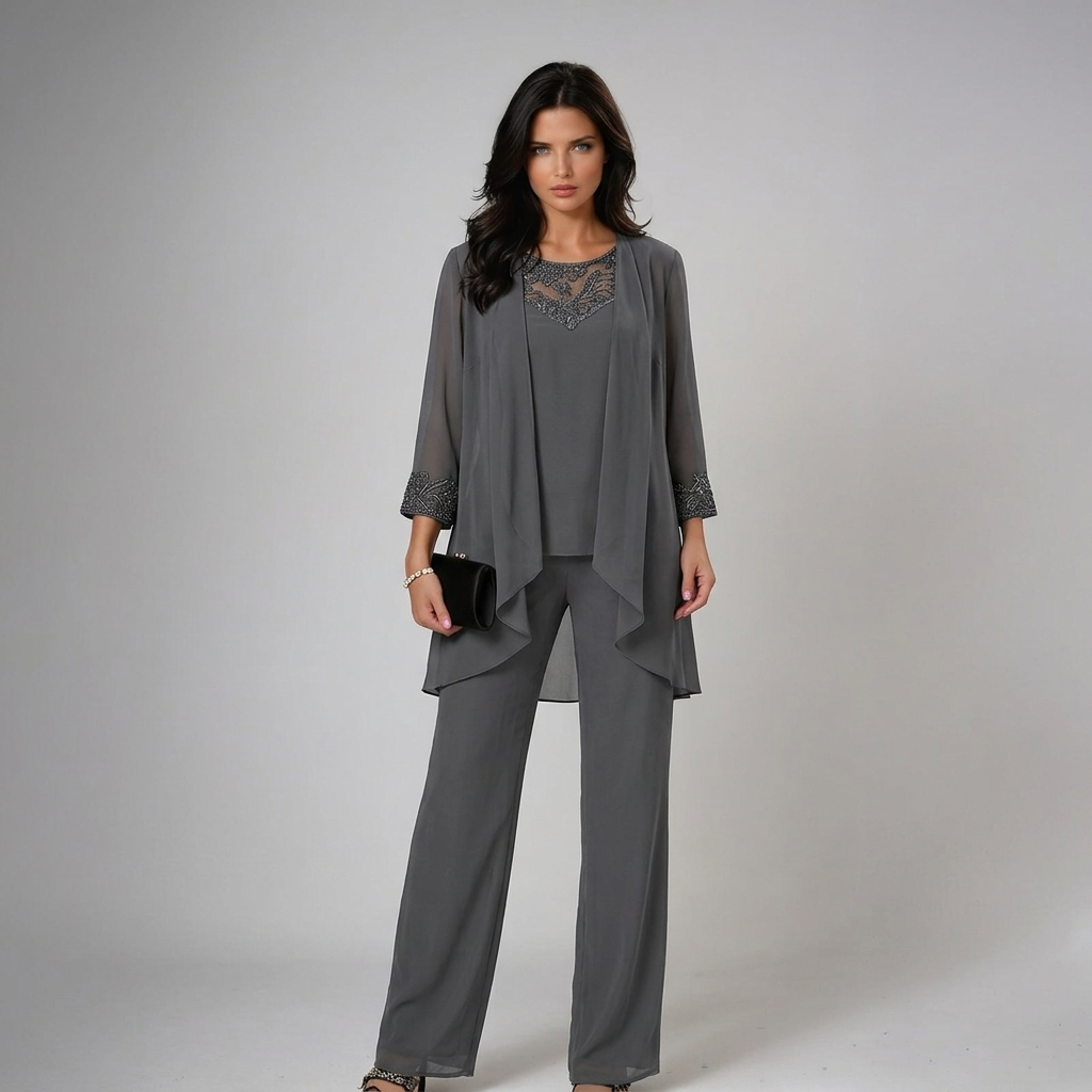 Beaded chiffon wide-leg three-piece matching set for women by Bennett and Lowe, featuring intricate beading and flowing fabric.